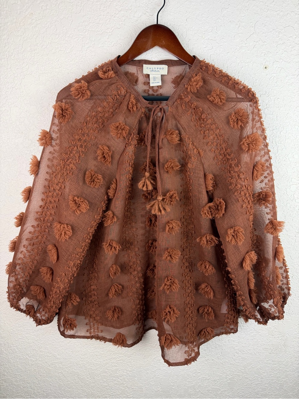 Calypso St. Barth | Brown Tassel Flower Embellished Sheer Blouse